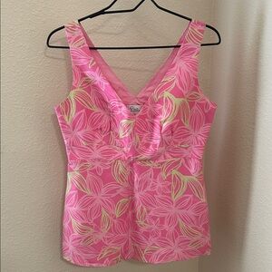 100 silk vintage Lilly Pulitzer Pink Floral V-Neck Sleeveless Top